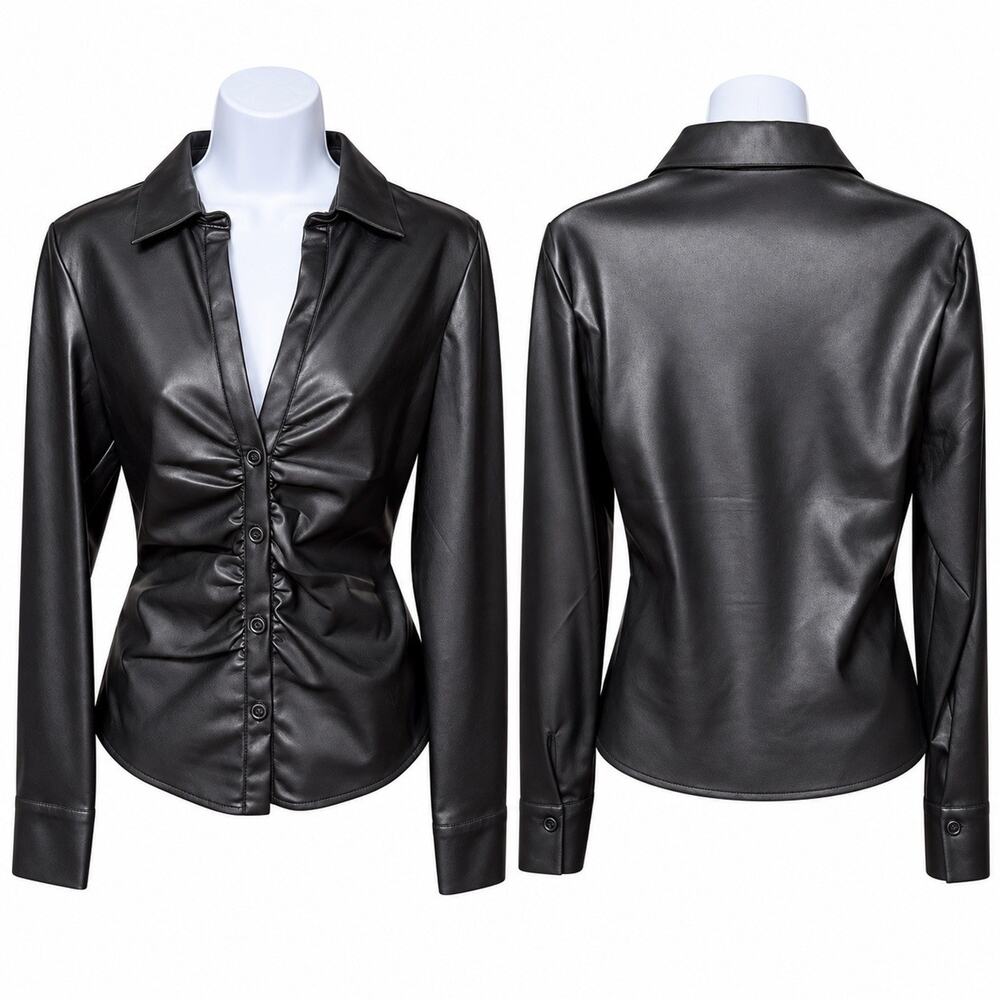 House of Harlow 1960 Black Vegan Leather Ruched Button Front Shirt Women’s Sz S